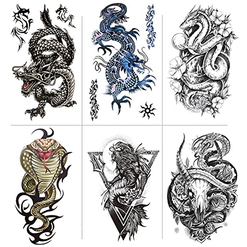 FEI JI Fashion Temporary Tattoo Transfer Stickers Waterproof Temporary Tattoo Animal Temporary Tattoo Stickers Set, Dragon Snake Skeleton Sheep Head Safe for All Skin