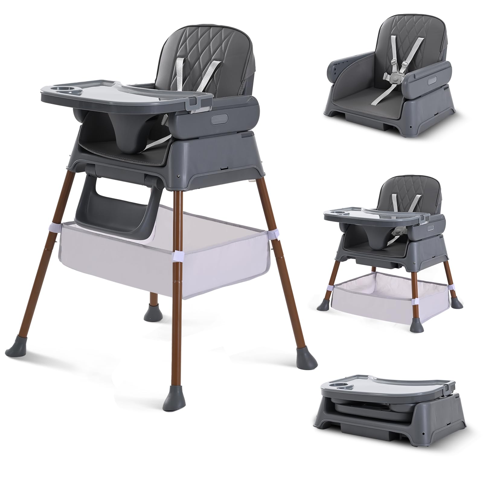 Trona alta, ajustable convertible 3 en 1, silla alta para bebé, asiento elevador, silla para niños pequeños, compacta, ligera, portátil, fácil de limpiar (gris)