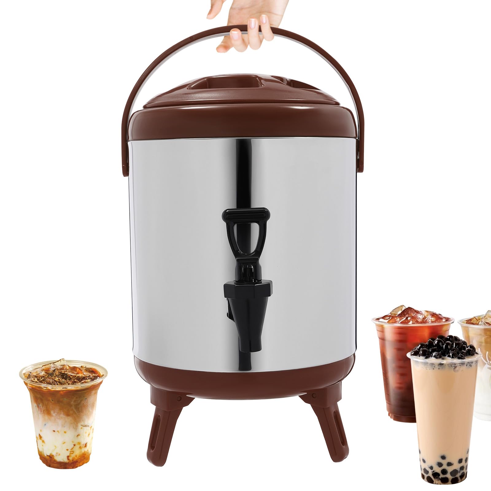 6L Stainless Steel Thermal Bucket Water Dispenser with Tap Insulated Beverage Dispenser for Parties Camping Cafe Hot Cold Drink Dispenser Large Capacity Ice Bucket (Brown)