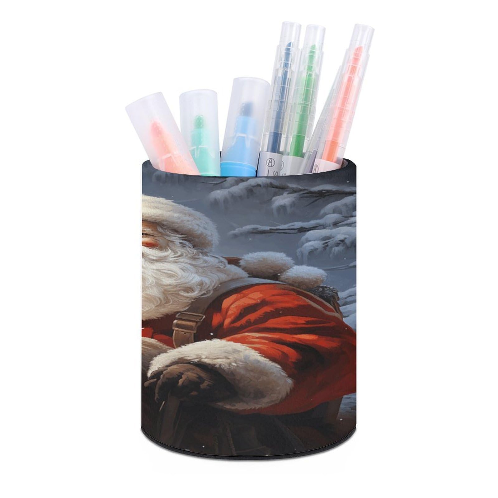 VstaDank Santa Claus And Deer Elk Pen Holder PU Leather Pencil Cup Minimalist Desk Pencil Holder Round Make Up Brush Organizers For Office Dorm Room&Vanity Desk Accessories