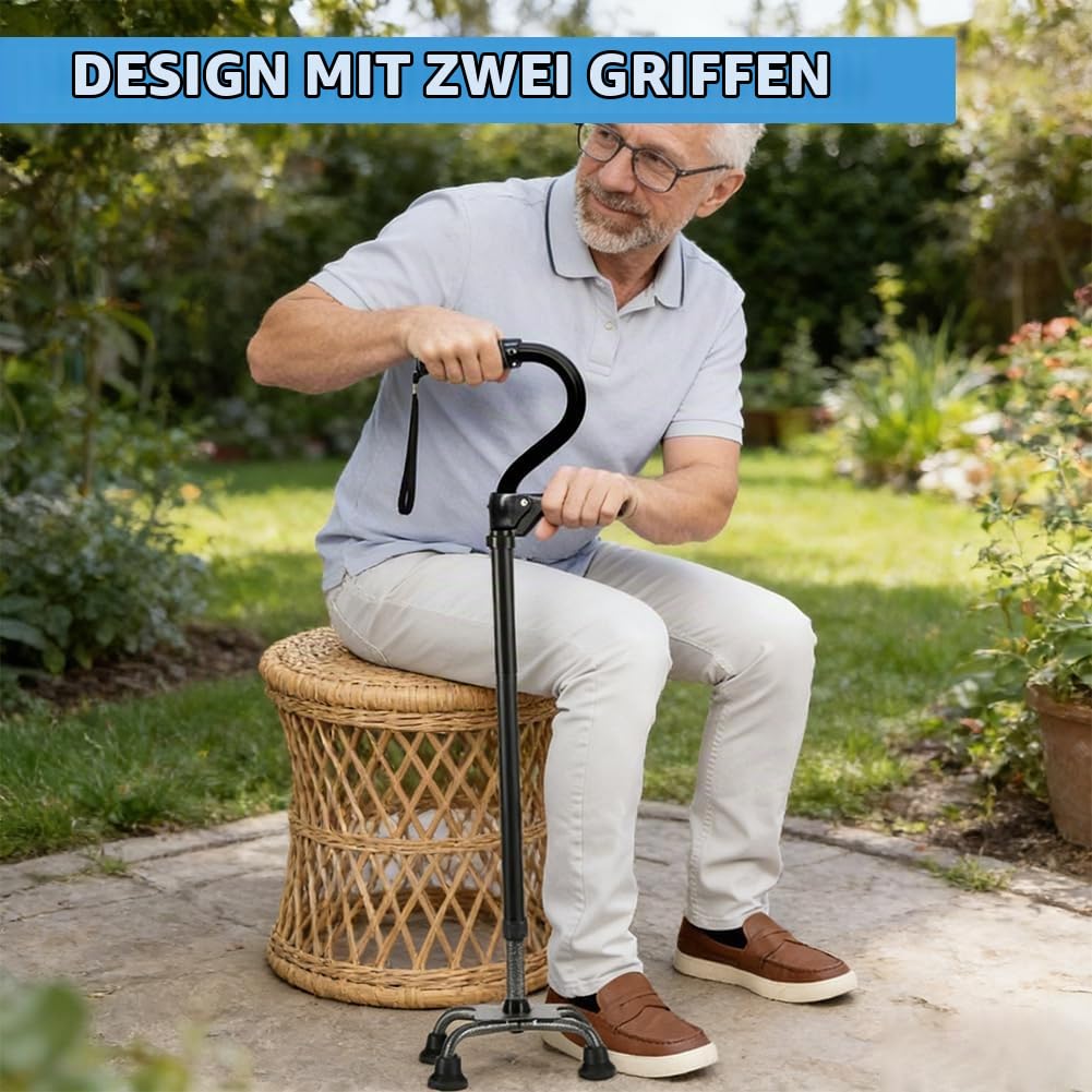 Gehstock mit 4-Punkt-Basis & Doppelgriff, Klappbare & Höhenverstellbarer