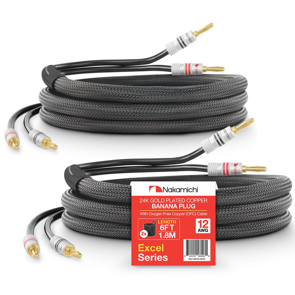 Nakamichi Excel Series 24k Gold Plated Banana Plug with (6 Feet) Speaker Cable Wire 99.9% Oxygen-Free Copper (OFC) Heavy Duty Braided In-Wall CL2 Rated