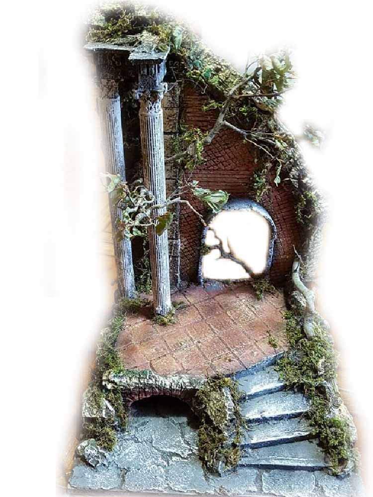 Presepe completo sughero e legno napoletano tempio con 10 pastori 10 cm crib 30x25 cm alto 50cm conj pastori terracotta statuine presepe ricevi un portachiavi S.G. ARMENO ARTIGIANALI nic 40