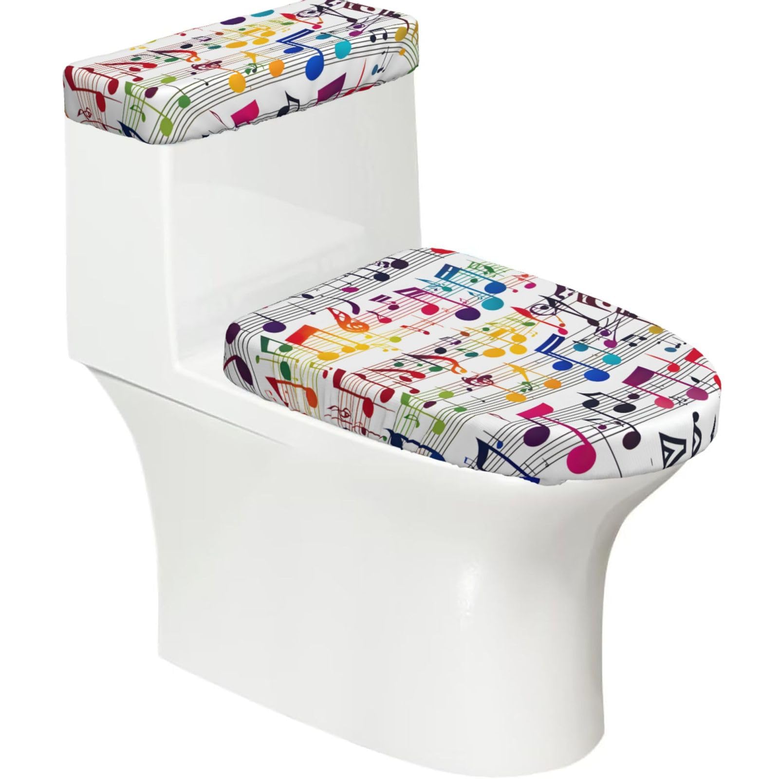 Colorful Music Notes Printed Toilet Tank and Lid Cover Set of 2 for Most Bathrooms, Fits Elongated Round Toilets