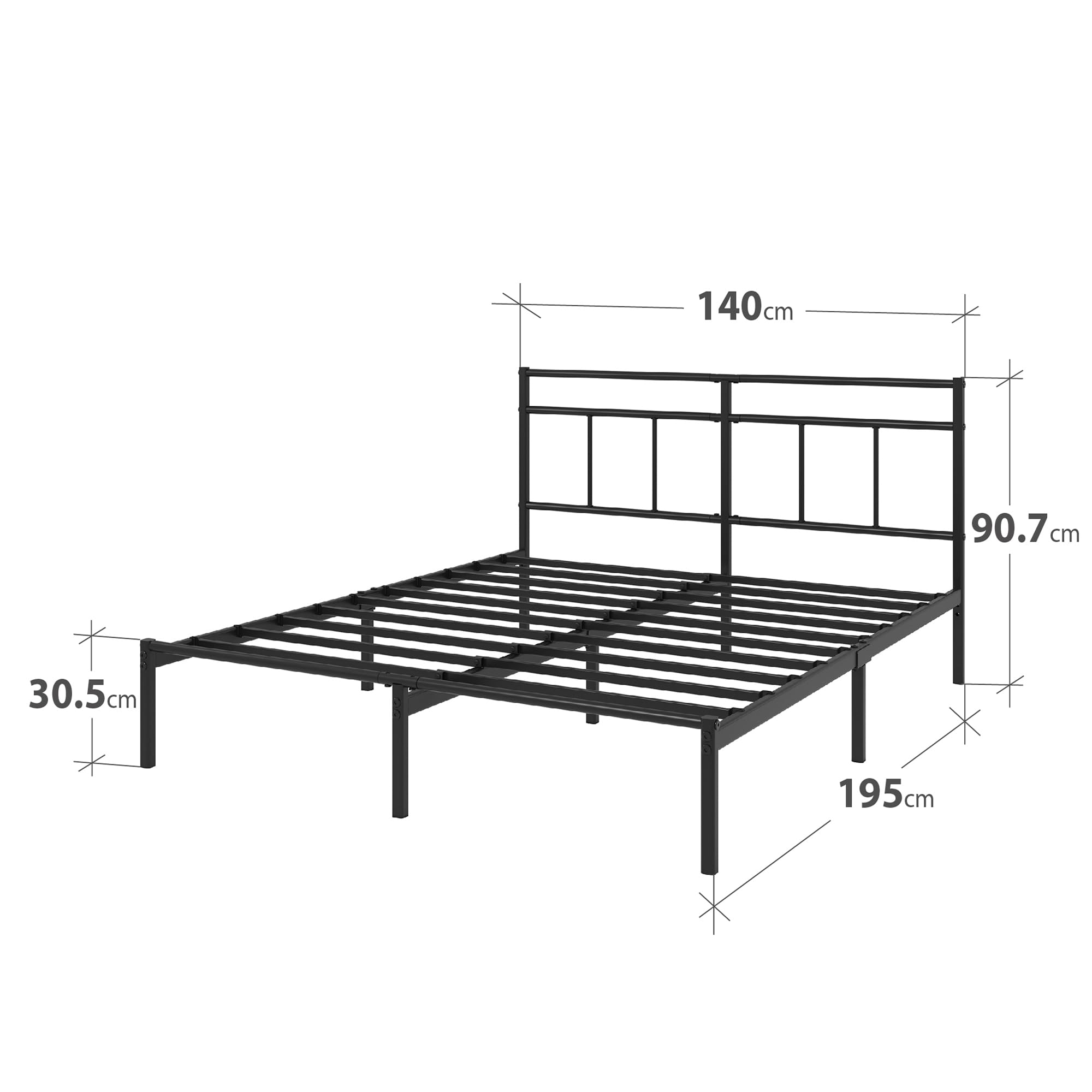 Zinus Elias Sommier 140x190 cm avec Lattes en Métal - Cadre & Tête de Lit 2 Personnes en Métal - Hauteur 30 cm pour Rangement - Montage Facile - Noir