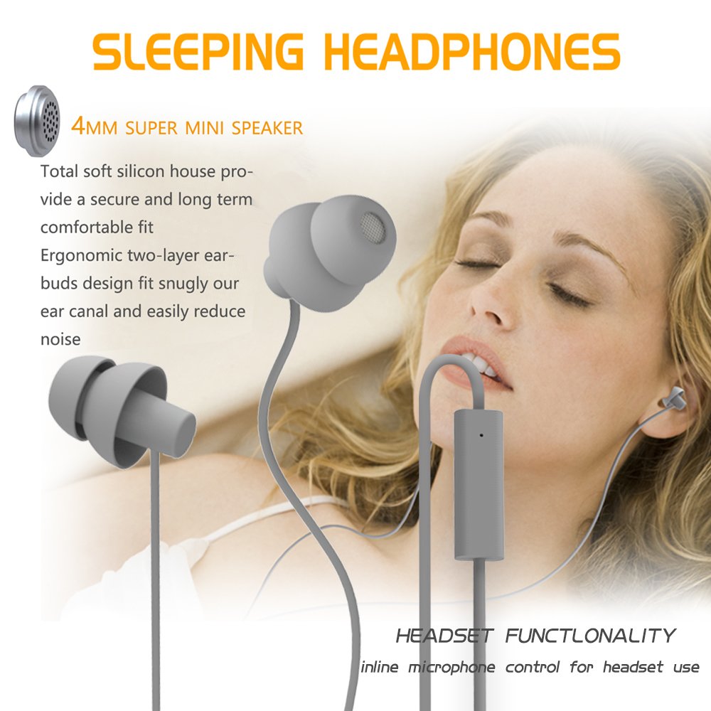 MAXROCK (TM - Auriculares de Silicona Suave para Dormir, con micrófono, para teléfonos móviles, tabletas y Conector Jack de 3,5 mm, Color Gris)