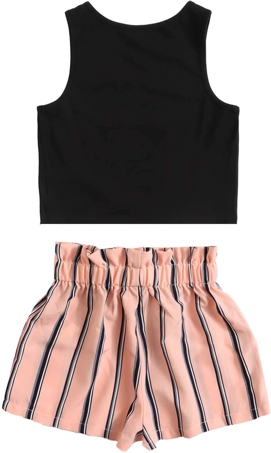 OYOANGLE Girl's 2 Piece Outfits Summer Tie Knot Tank Top and Paperbag Waist Striped Shorts Set - Image 2