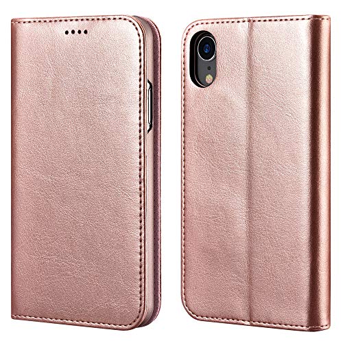 icarercase XR Wallet Case, Premium PU Leather Folio Flip Cover with Kickstand and Credit Slots for 6.1 Inch (Rose Gold)
