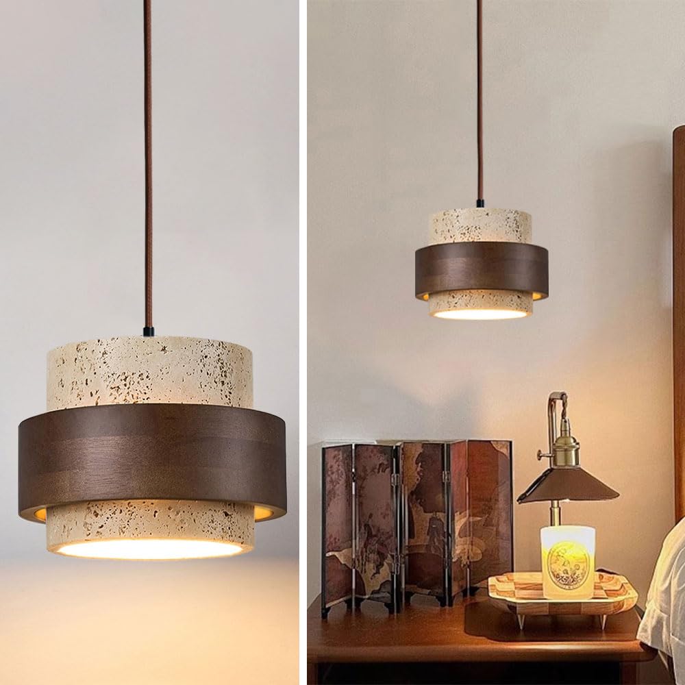Photo 1 of OROILUPU Nordic Natural Stone Wabi-Sabi Pendant Light Yellow Cave Pendant Lights with Wood Stone Design Vintage Farmhouse Travertine Light Unique Home Decor for Dining Room Living Room Kitchen