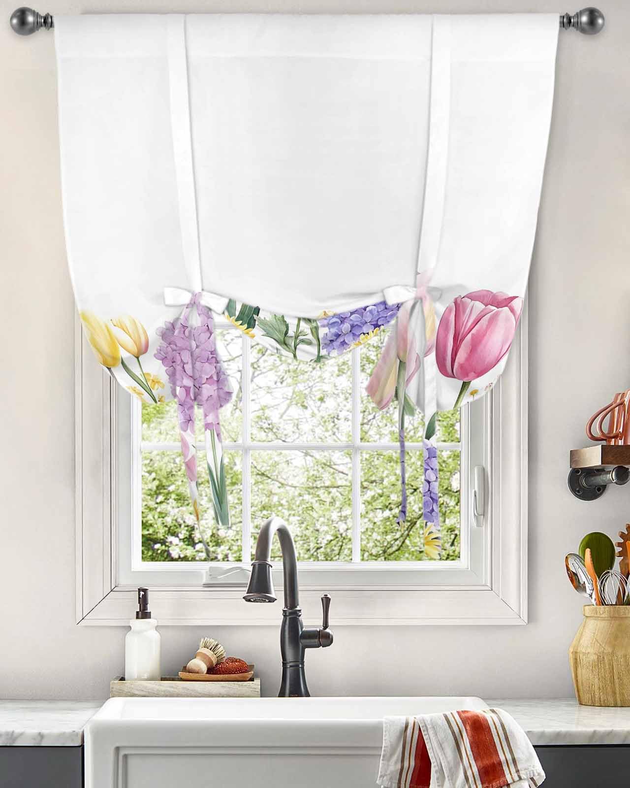 Spring Floral Tie Up Curtains for Windows 54 Inch Length Balloon Curtains Kitchen Adjustable Balloon Window Shade Summer Botanical Pink Wildflower Tie Up Valance Bathroom Curtain Window 42