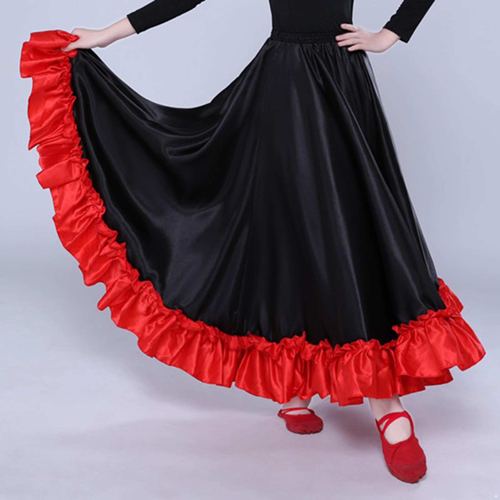 Choomomo Kids Girls Dance Ruffles Layers Long Skirt Spanish Flamenco Gypsy Folklorico Costume Black 180 Degree 9-10 Years