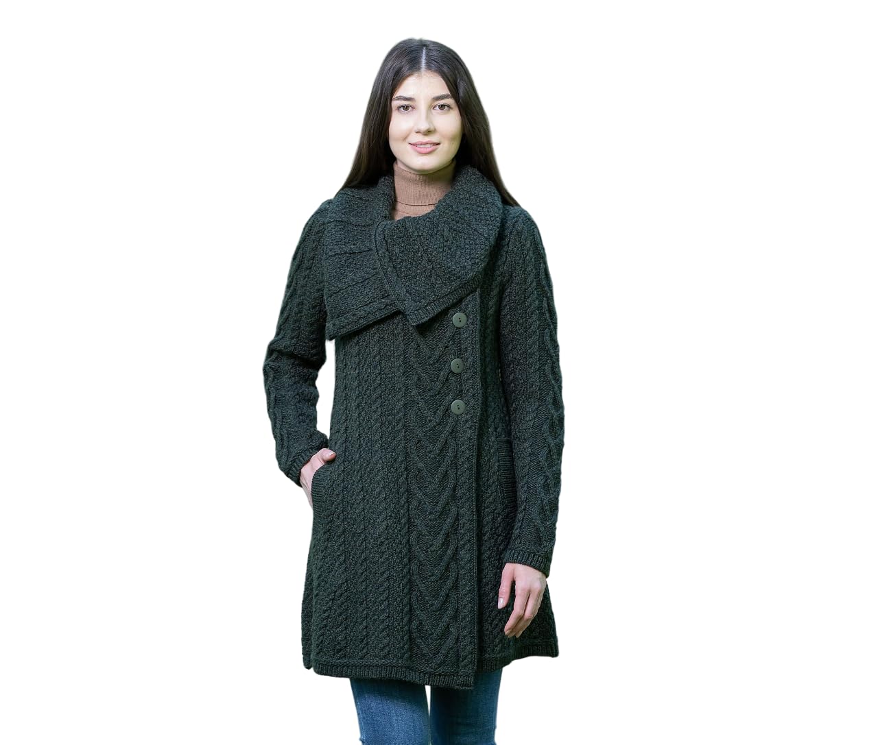 SAOL Women’s Coatigan 100% Merino Wool Cable Knit Irish Cardigan with Pockets
