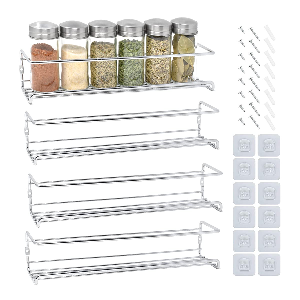 Joeji's Kitchen Silver Spice Rack For Inside Cupboard 4 Tier Wall Mounted