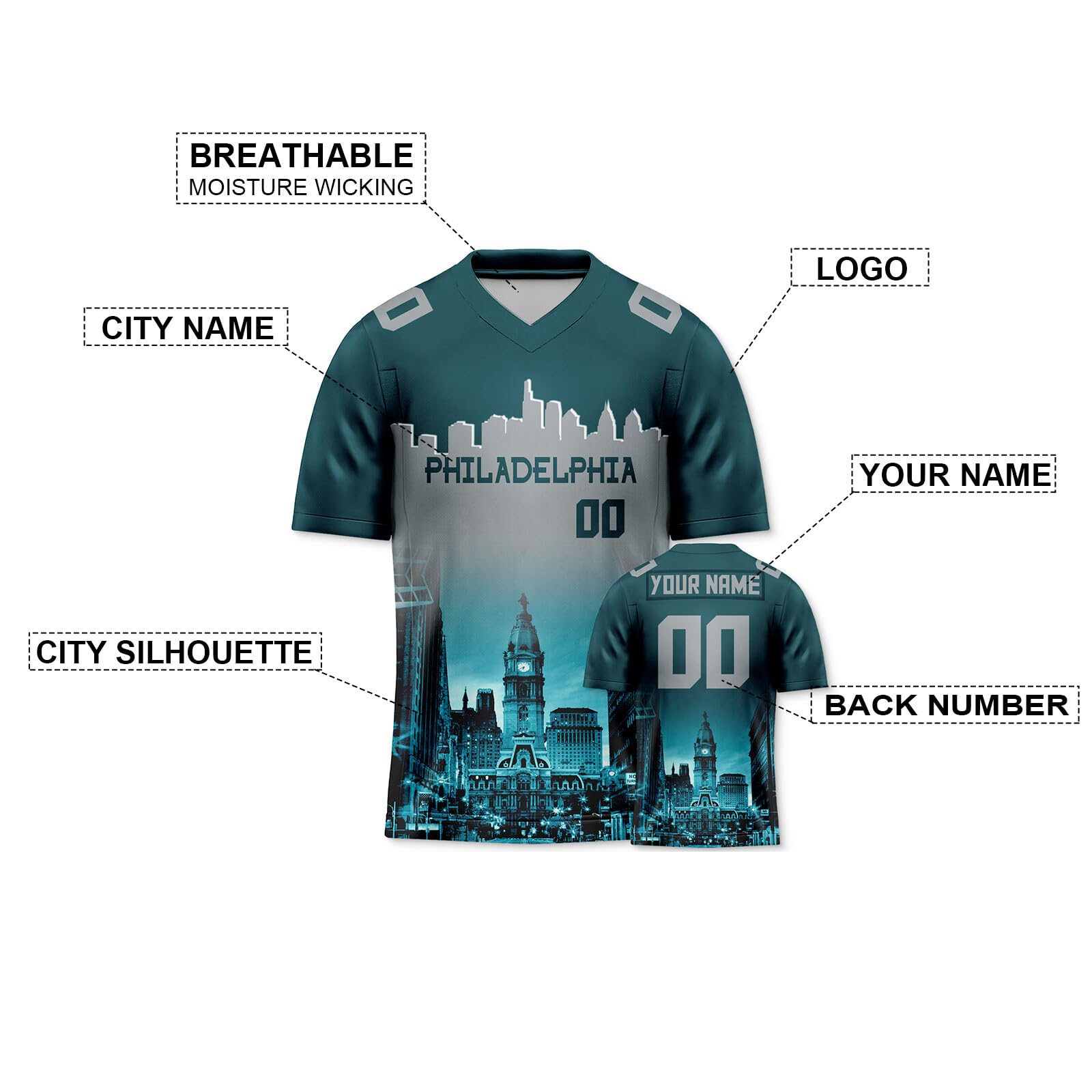 Personalized Custom Football Jersey with Football City Night Skyline Fashion Football Fans Gifts for Men Women Youth Green Grey