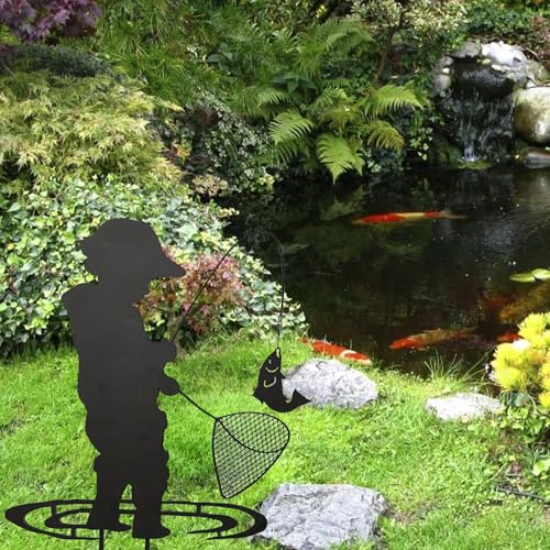 1 Piece Boy Silhouette Fishing Play Retro Metal Garden Stakes Post Silhouette Sculpture Yard Art Garden Metal Post Rustic Outdoor Lawn Pond Decor Gift
