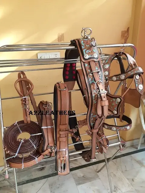SHOWMEN CRAFT Natural Brown Leather Horse Harness for Single Cart - 4 Sizes