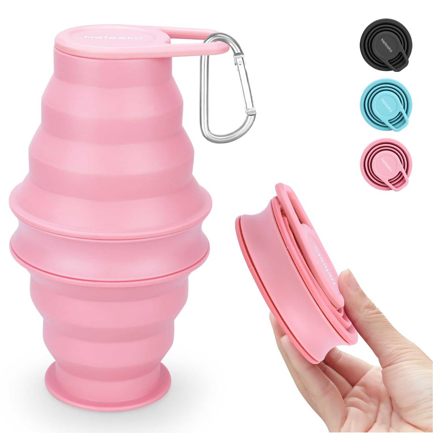 Nefeeko Collapsible Water Bottle,17oz(500ml) Reuseable BPA Free Silicone Foldable Water Bottles for Travel Gym Camping Hiking, Portable Leak Proof Sports Water Bottle with Carabiner
