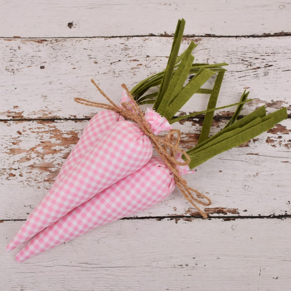RSACCSKY 3 Pcs Easter Artificial Fabric Carrot,Buffalo Check Plaid Carrots,Colorful Handmade Filled Easter Carrots for Easter DIY Decoration Farmhouse Decorations (Pink Plaid)