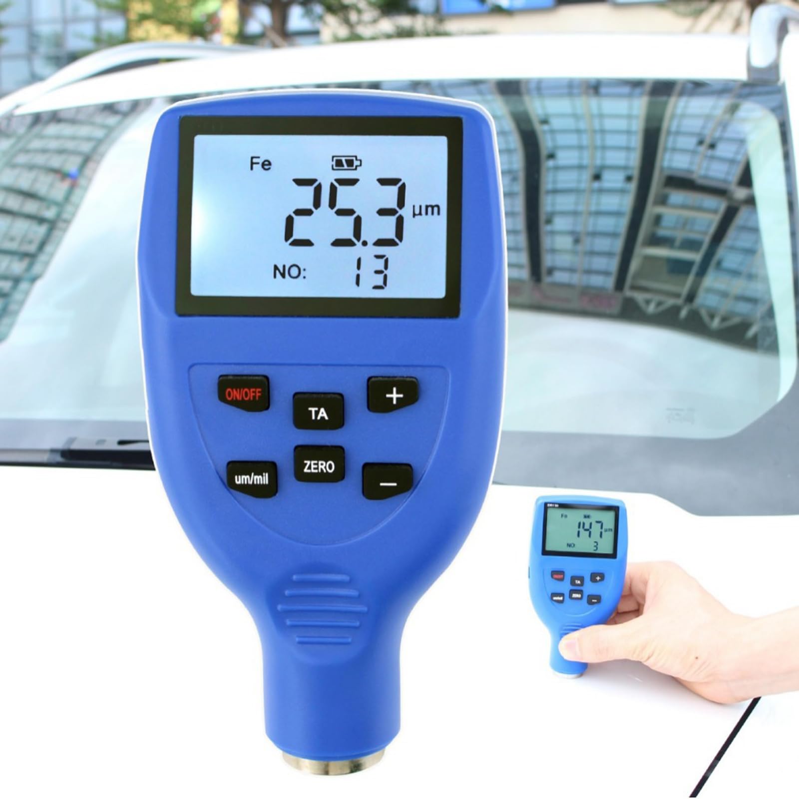 Miernik grubości powłoki lakierniczej, miernik grubości typu Fe/NFe, duży zakres 0 do 1500 μm, z sondą magnetyczną, podświetlany wyświetlacz LCD, do lakieru samochodowego