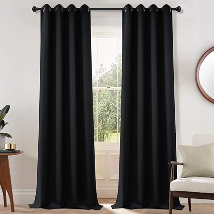 Yakamok Blackout Curtains Room Darkening Thermal Insulated Grommet top Window Curtains for Living Room, 52 x 108 Inch, Black, Set of 2