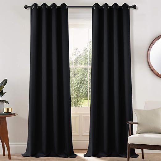Yakamok Blackout Curtains Room Darkening Thermal Insulated Grommet top Window Curtains for Living Room, 52 x 108 Inch, Black, Set of 2
