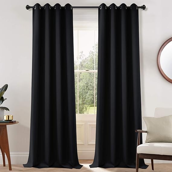 Yakamok Blackout Curtains Room Darkening Thermal Insulated Grommet top Window Curtains for Living Room, 52 x 108 Inch, Black, Set of 2