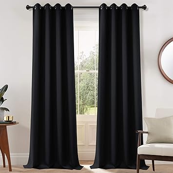 Yakamok Blackout Curtains Room Darkening Thermal Insulated Grommet top Window Curtains for Living Room, 52 x 108 Inch, Black, Set of 2