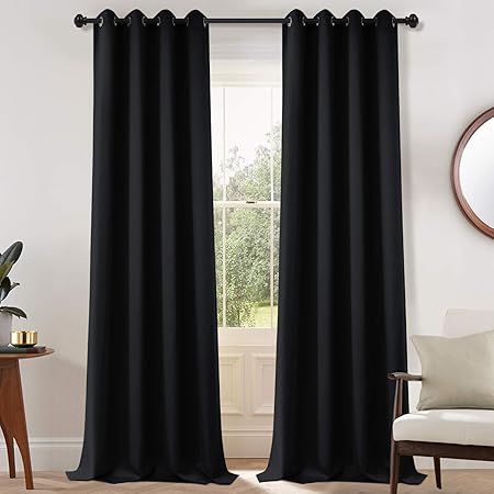 Yakamok Blackout Curtains Room Darkening Thermal Insulated Grommet top Window Curtains for Living Room, 52 x 108 Inch, Black, Set of 2