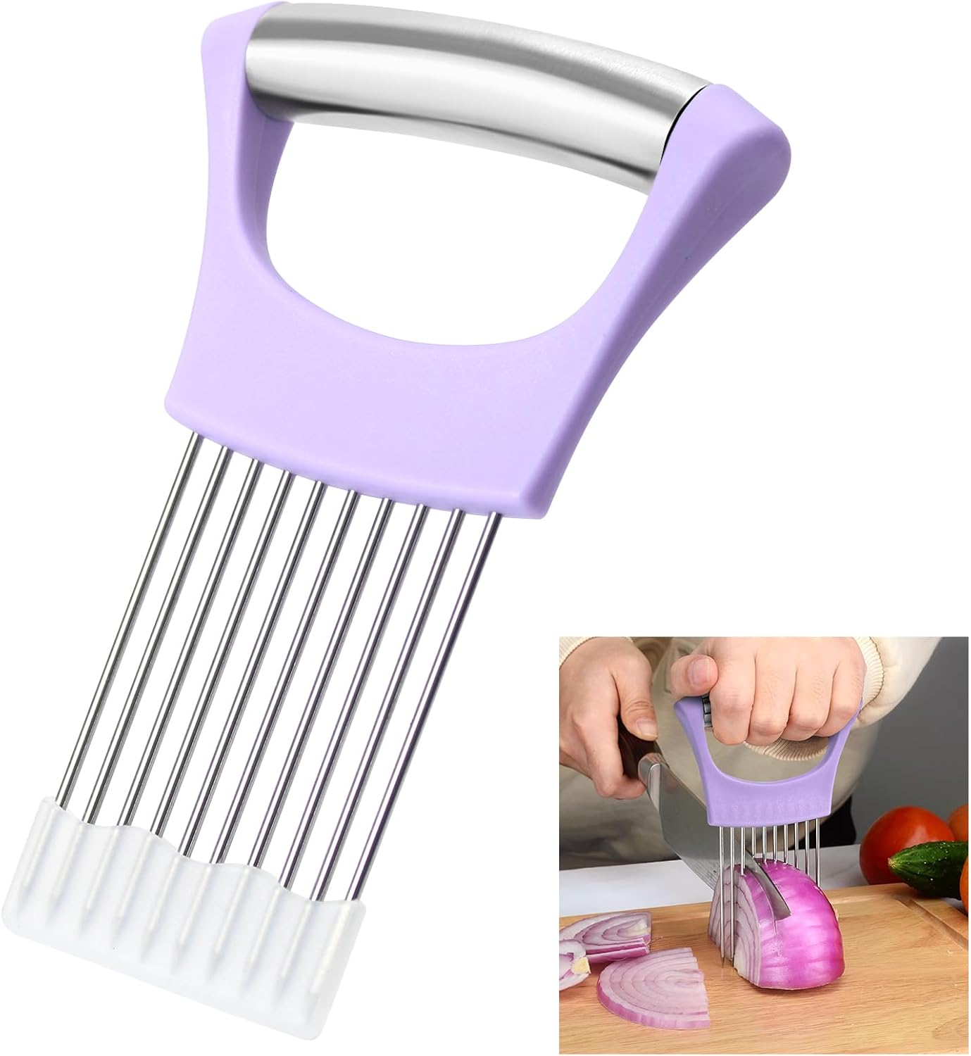Stainless Steel Onion Holder for Slicing,Onion Slicer Holder, Onion Cutter for Slicing of Onions, Tomatoes,Avocados,Eggs and Other Vegetables,Kitchen Utensils Gift (Purple)