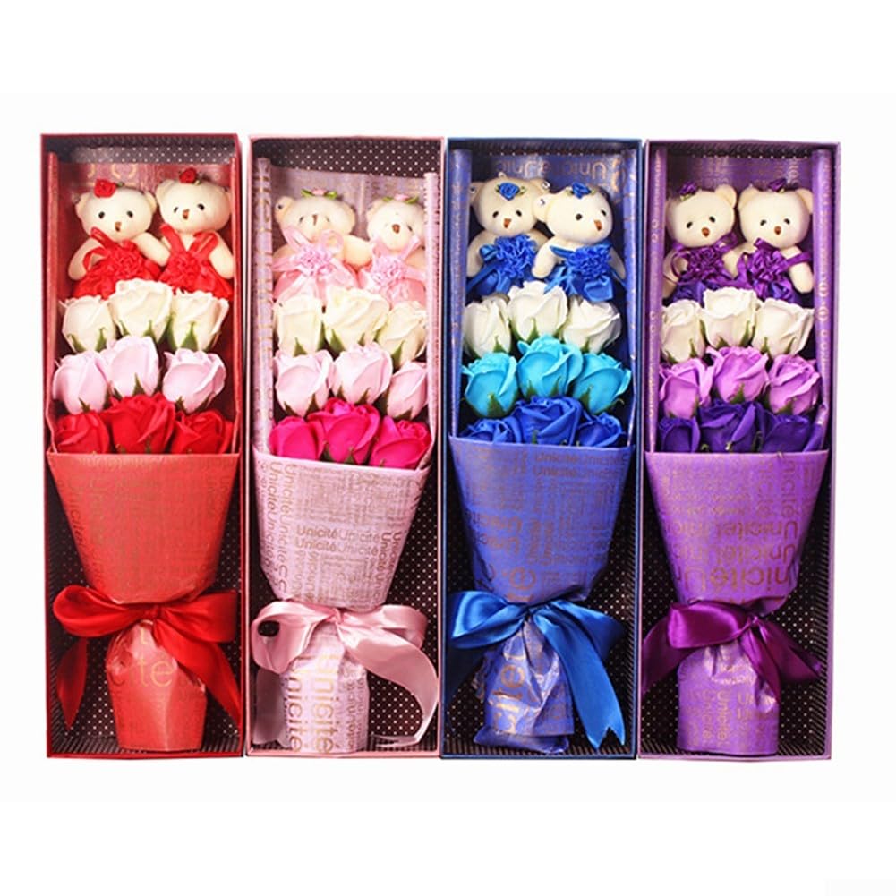 Lot de 9 bouquets de fleurs de savon en forme de rose avec ours pour la fête des femmes et la Saint-Valentin Arrangement floral parfumé pour la maison, le bureau ou la chambre à coucher
