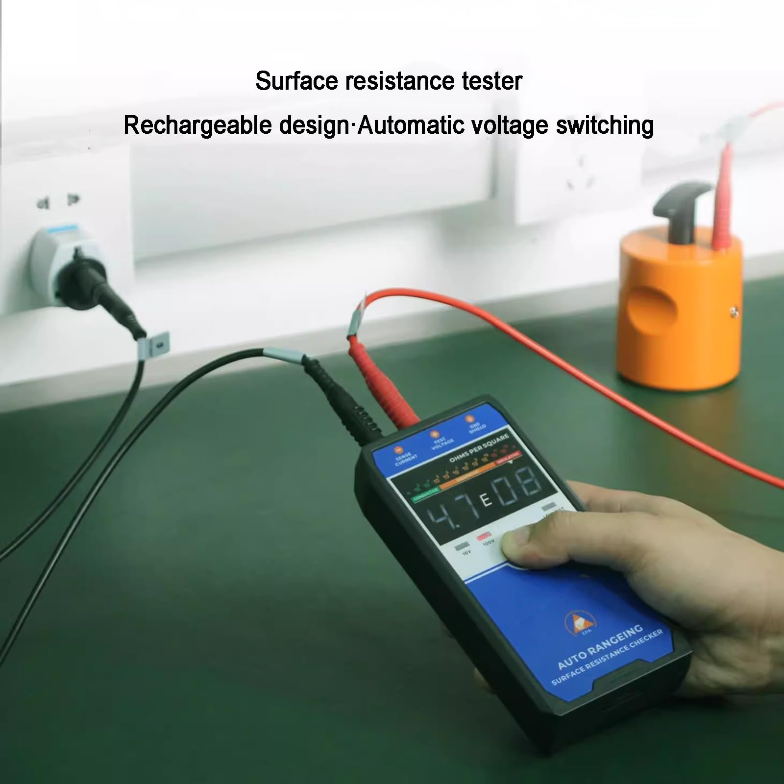 Medidor De Resistencia Superficial, Probador De Resistividad Antiestático, con 2 Martillos Pesados, Cables De Prueba, Pantalla LCD, Rango Automático, para Recubrimientos