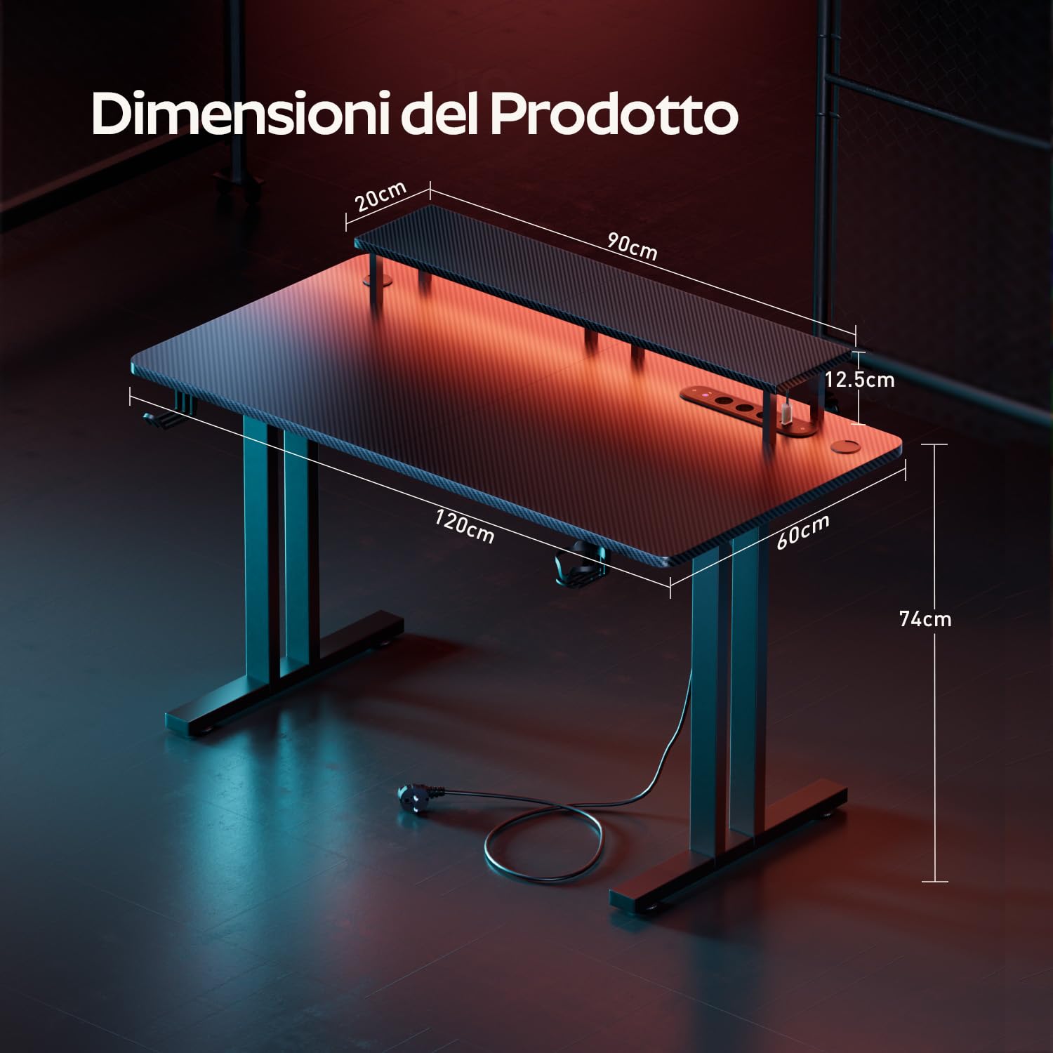 HLFURNIEU Scrivania Gaming LED 120 x 60 cm, Tavolo Gamer con Presa di Corrente e Supporto per Monitor, Postazione Gaming con Porta Bicchiere e Gancio per Cuffie, Superficie in Fibra di Carbonio, Nero
