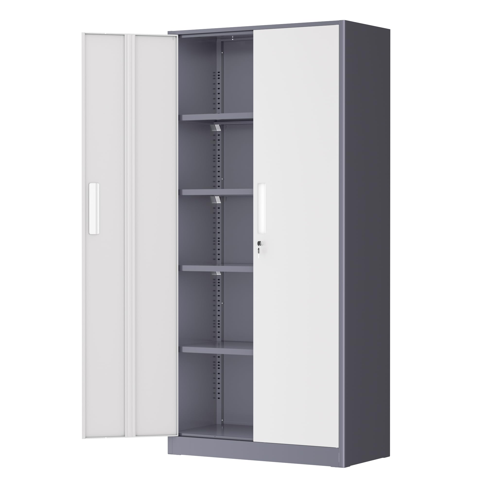 Greenvelly Metal Garage Storage Cabinet, Tall Locking Storage Cabinet with 2 Doors and 4 Adjustable Shelves, Steel Tool Cabinet, Lockable Filling Cabinet for Home, Office, Garage, School (Gray White)