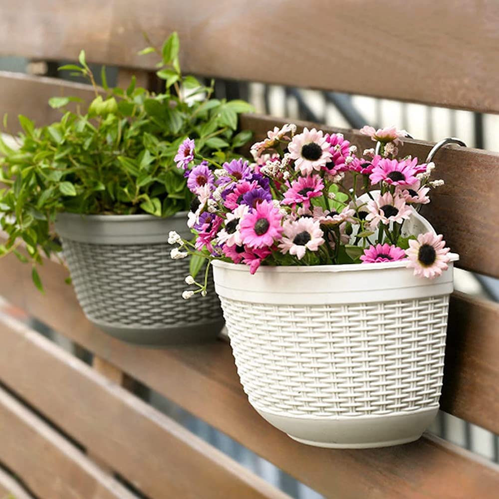 Set di 2 vasi da fiori da appendere, in plastica, per esterni, per giardino, recinzione, patio, casa, decorazione da parete, fioriera per fiori, per interni, con 4 ganci e drenaggio (blu