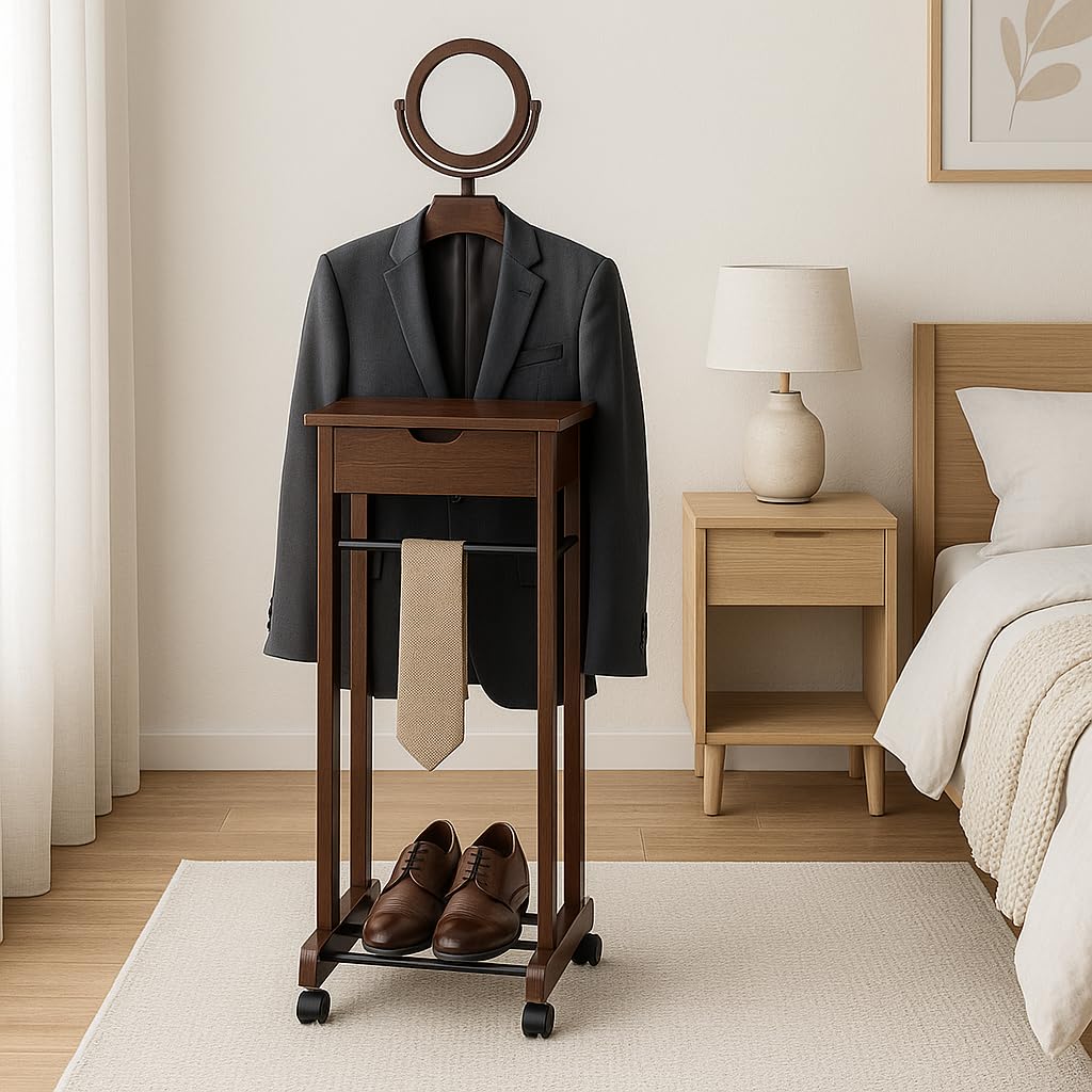 Ergode Mens Valet Stand – Clothes Valet, Suit Rack, Cloth Stand, Valet Chair & Jacket Display Organizer for Men’s Clothing & Accessories (Walnut)