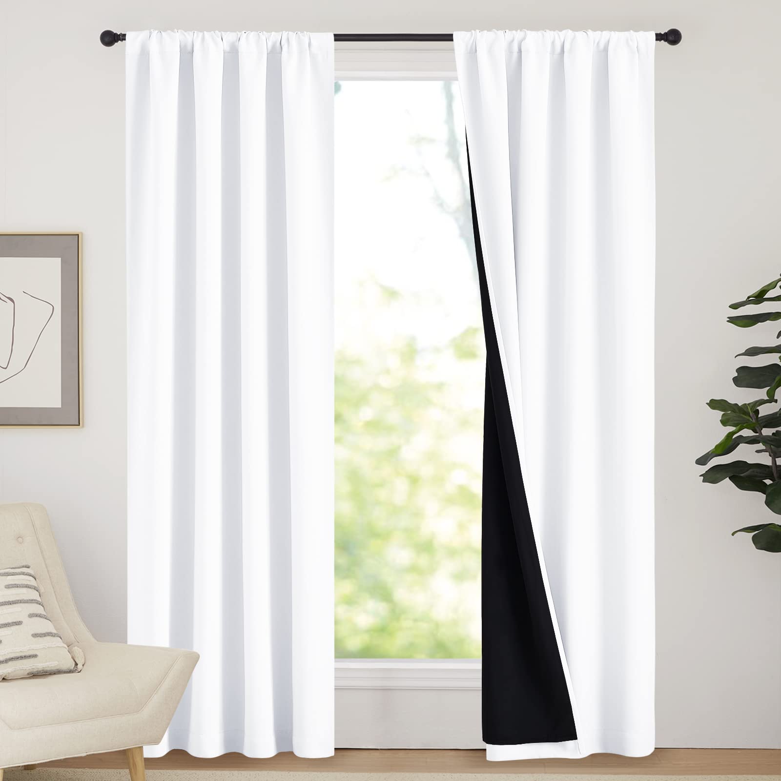 NICETOWN 100% Blackout Curtain Panels, Window Curtains with Black Liner for Nursery, 84 inches Drop Heat and Full Light Blocking Draperies (White, 2 Pieces, 42 inches Wide Each Panel)