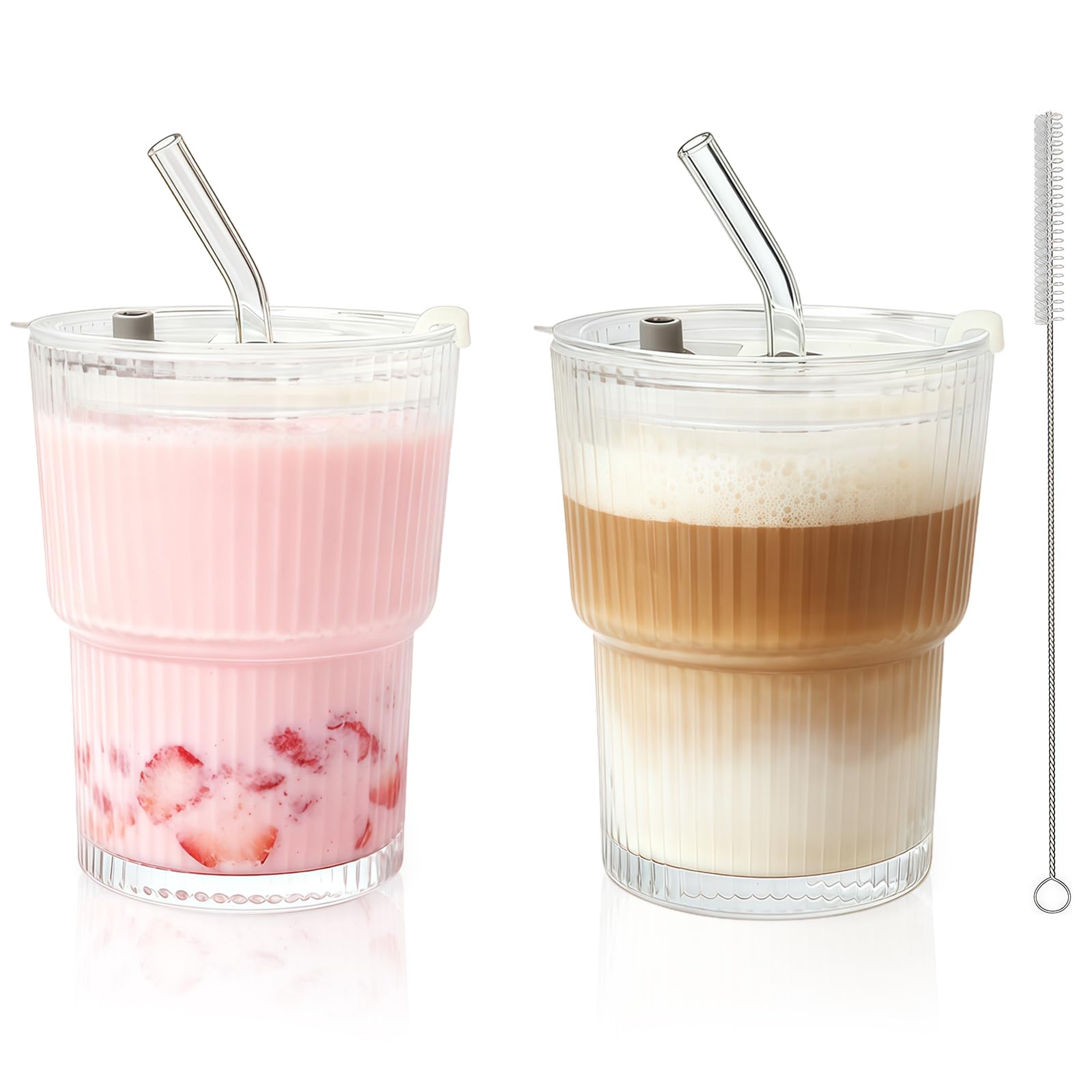 FANGCCC 2 Pack 400ml Iced Coffee Cups with Lids and Straws, Clear Ribbed Glass Tumblers with Glass Straws and Straw Brush, Glass Cups for Matcha, Smoothies, Iced Latte, Juice & Cold Drinks