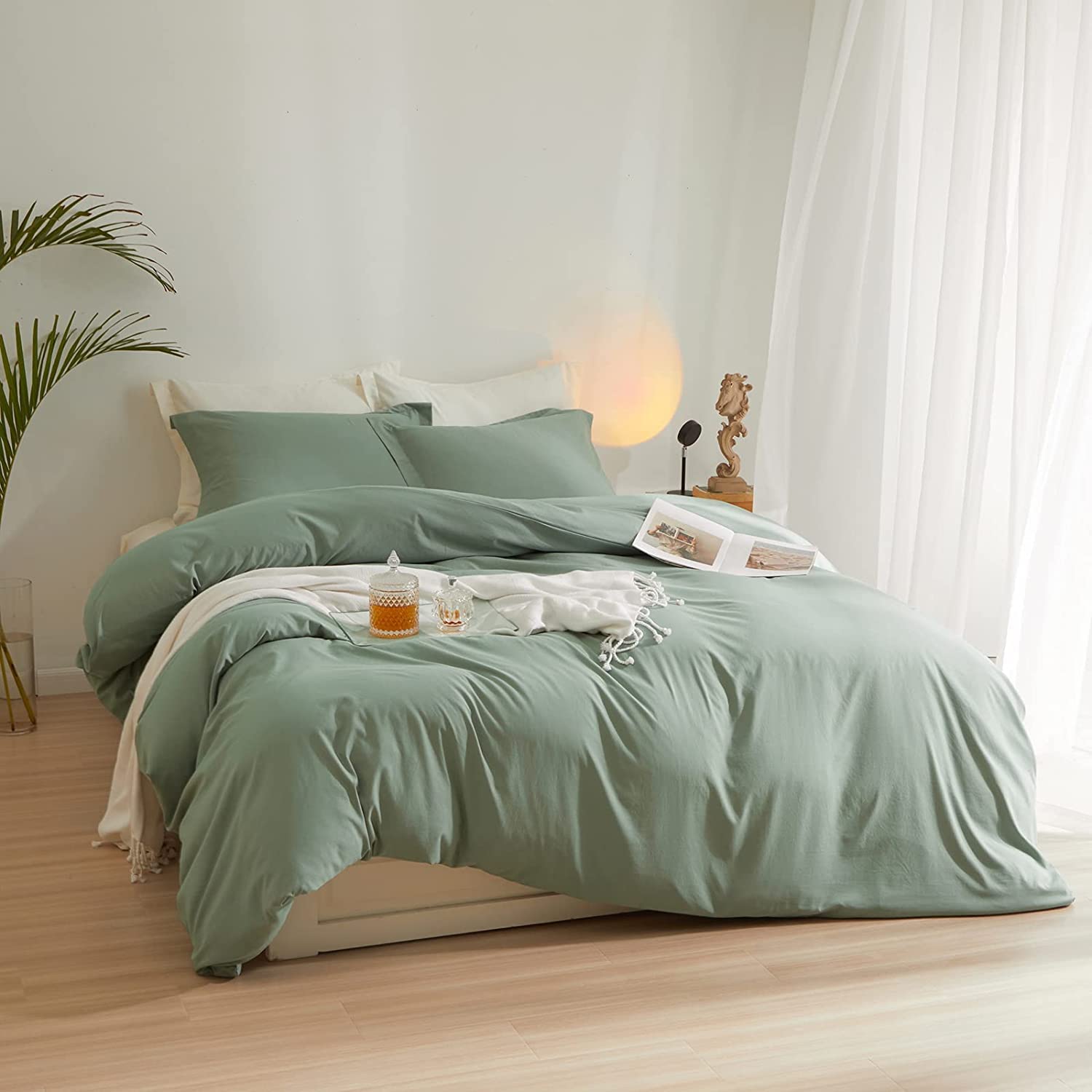 Sage Green Duvet Cover Full Size Soft Washed Microfiber 3 Pieces Bedding Set 1 Duvet Cover 80”x90” with 2 Pillowcases Light Green Comforter Cover Modern Soft Full Duvet Cover with Zipper Closure - Image 2