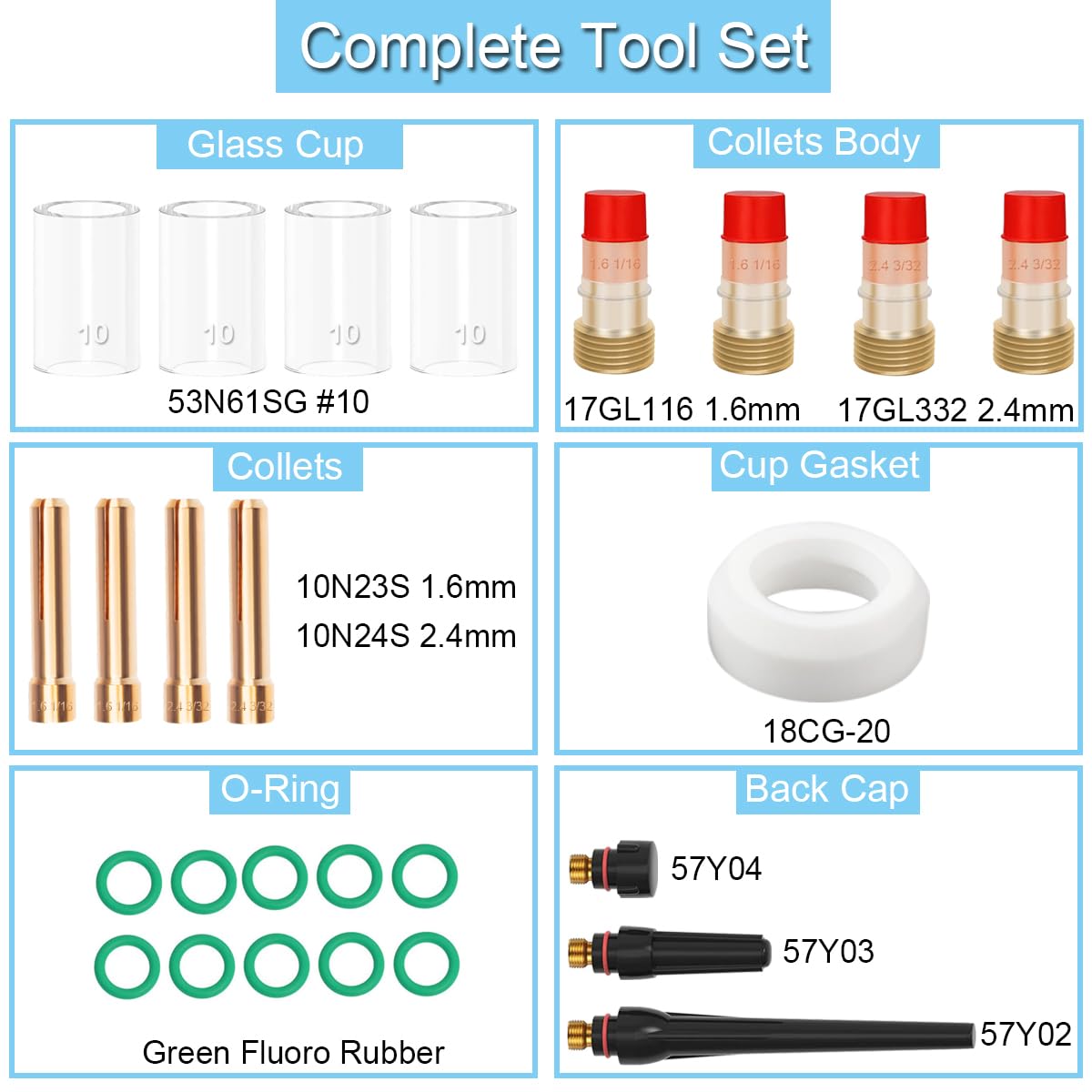 Lot de 26 lentilles à gaz torche de soudage pour TIG #10 kit de gobelets en verre avec lentille à gaz et pince courte 1,6 mm 2,4 mm, kit d'accessoires de torche de soudage pour TIG WP-17/18/26