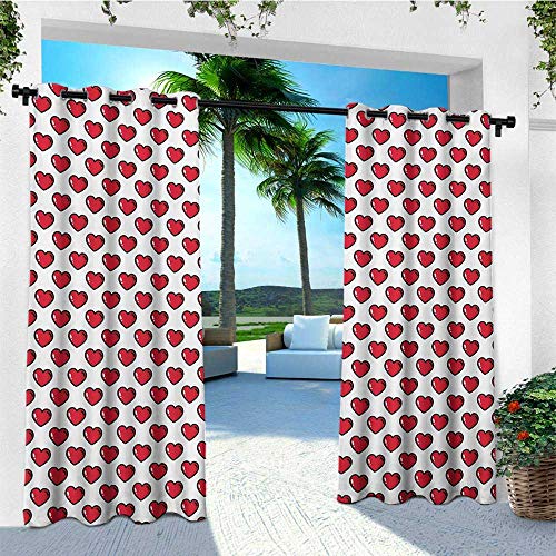 leinuoyi Hearts, Outdoor Curtain of Lights, Valentines Day Pattern with Doodle Style Symbols of Love Vibrant Colors, for Patio W84 x L96 Inch Vermilion Black White