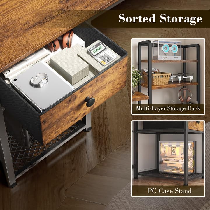 Miniatura 5 de EnHomee Escritorio para computadora de 44 pulgadas con alacena y cajones, escritorio reversible para oficina en casa con estante para monitor,