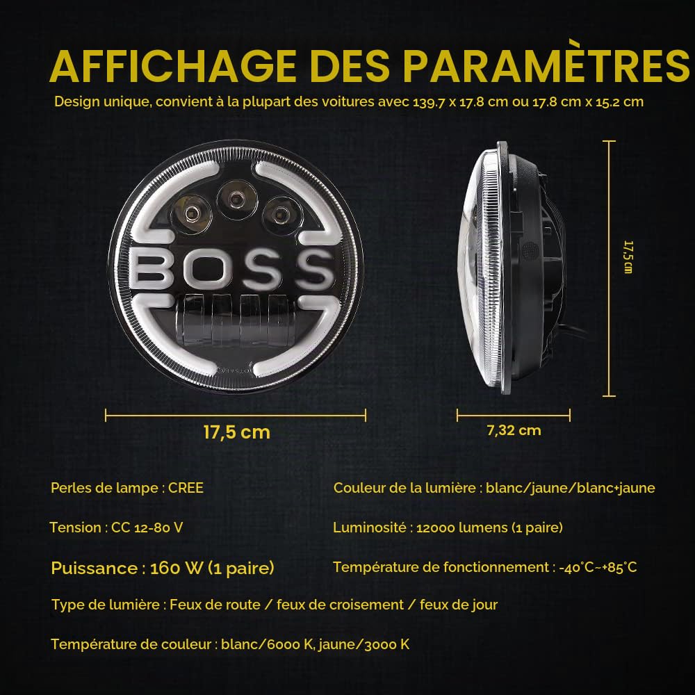 Lot de 2 7 Pouces LED Phare, 150W 10000LM 4 Modes Eclairages Halo DRL ámbar feu de virage Vitesse de la lumière haute et basse H6024 pour Wrangler LJ TJ CJ JK Hummer H1 H2 Land Rover Defender