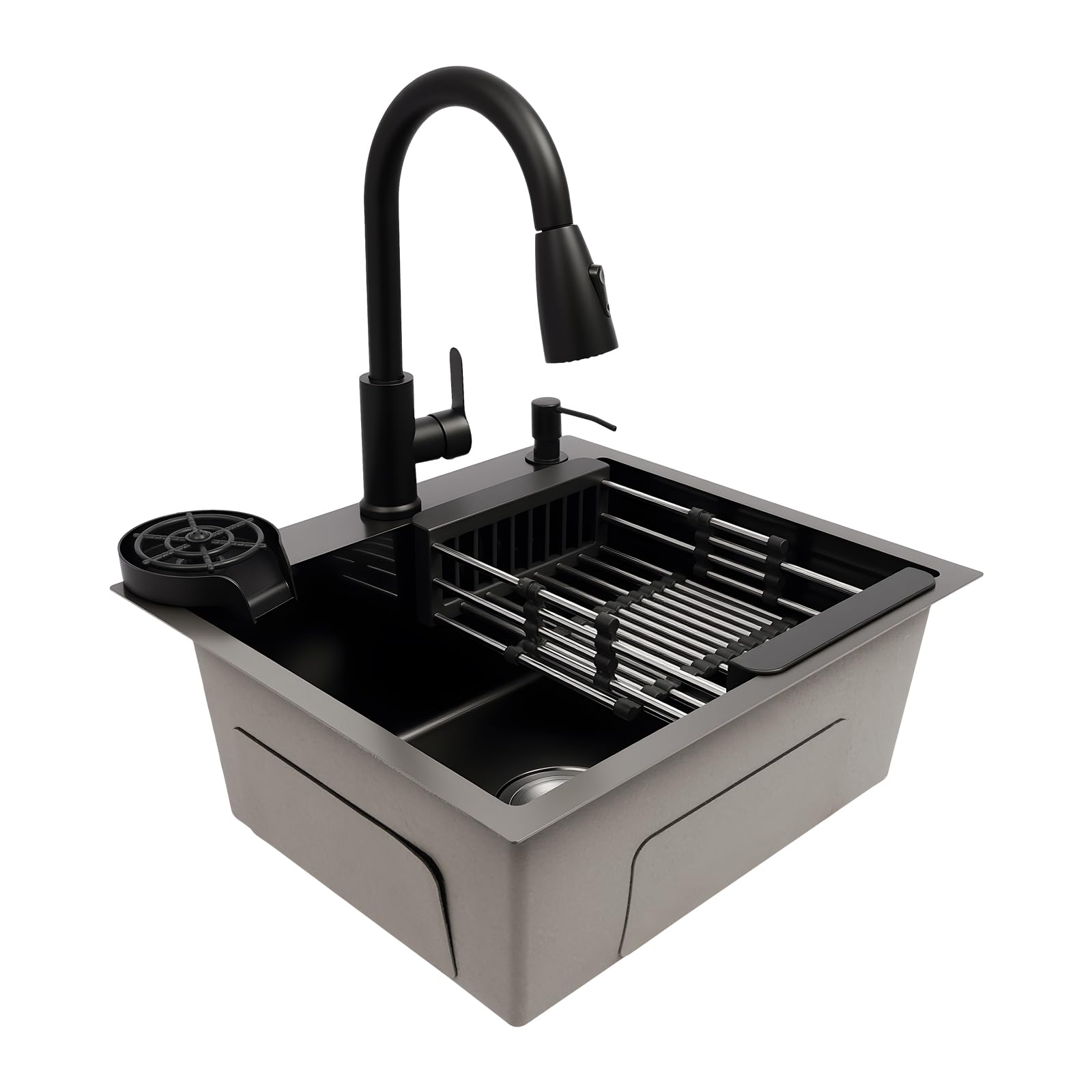 Fregadero de cocina de acero inoxidable, 50 x 45 cm, con grifo, color negro