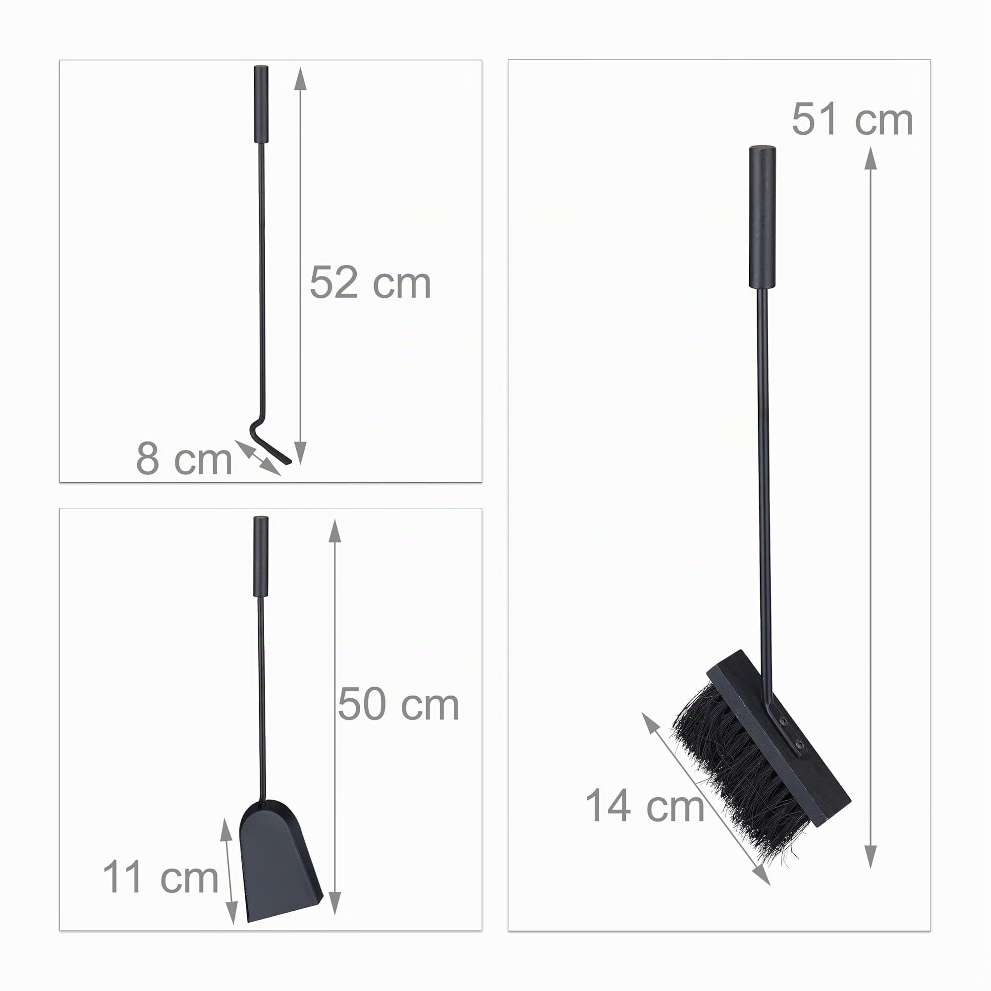 Relaxdays Set da 4 Accessori per Camino e Stufa, Attizzatoio, Paletta Raccogli Cenere, Scopino e Supporto, Moderno, Nero