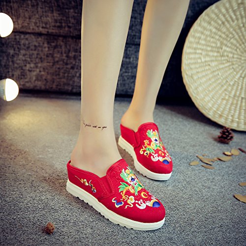 Qhome Women's Canvas Chinese Dragon Embroidery Comfortable Casual Mules House Slippers Shoes2