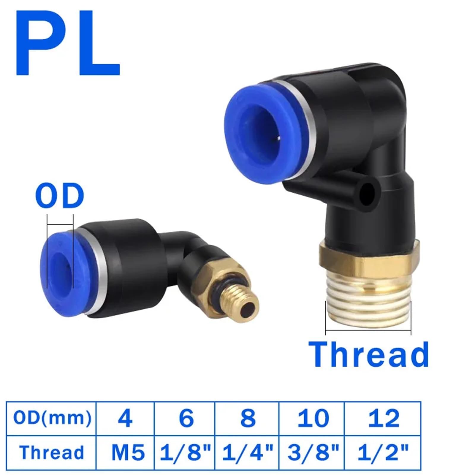 Conector neumático de codo PL de 1/4 3/8 1/2 1/8 rosca macho conector rápido en forma de L manguera OD 6 mm, 8 mm, 10 mm, 12 mm, 50 unidades (PL8-04)