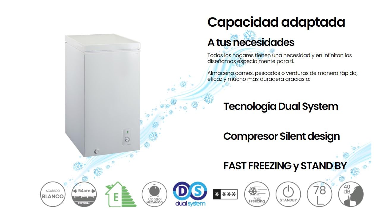 Infiniton | CH-80H84WEH - Congelatore a cassone | Fast Freezing | Compressore Silent Design | Blocco di sicurezza | Maniglia integrata | Dual System | Defrost 4D | Finitura bianca | Capacità 78 litri