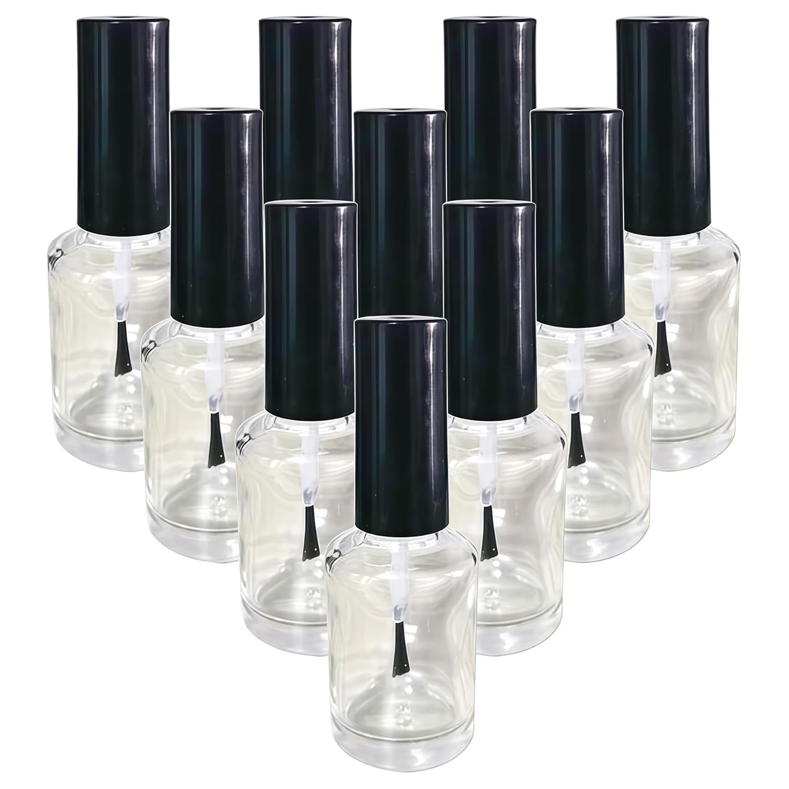 Happyupcity Clear 10Pcs 15Ml/0.5Oz Empty Round Nail Polish Glass Bottles With Brush Black Cap Small Nail Vials Travel Trial Pack Liquid Blush Storage Containers For Nail Art