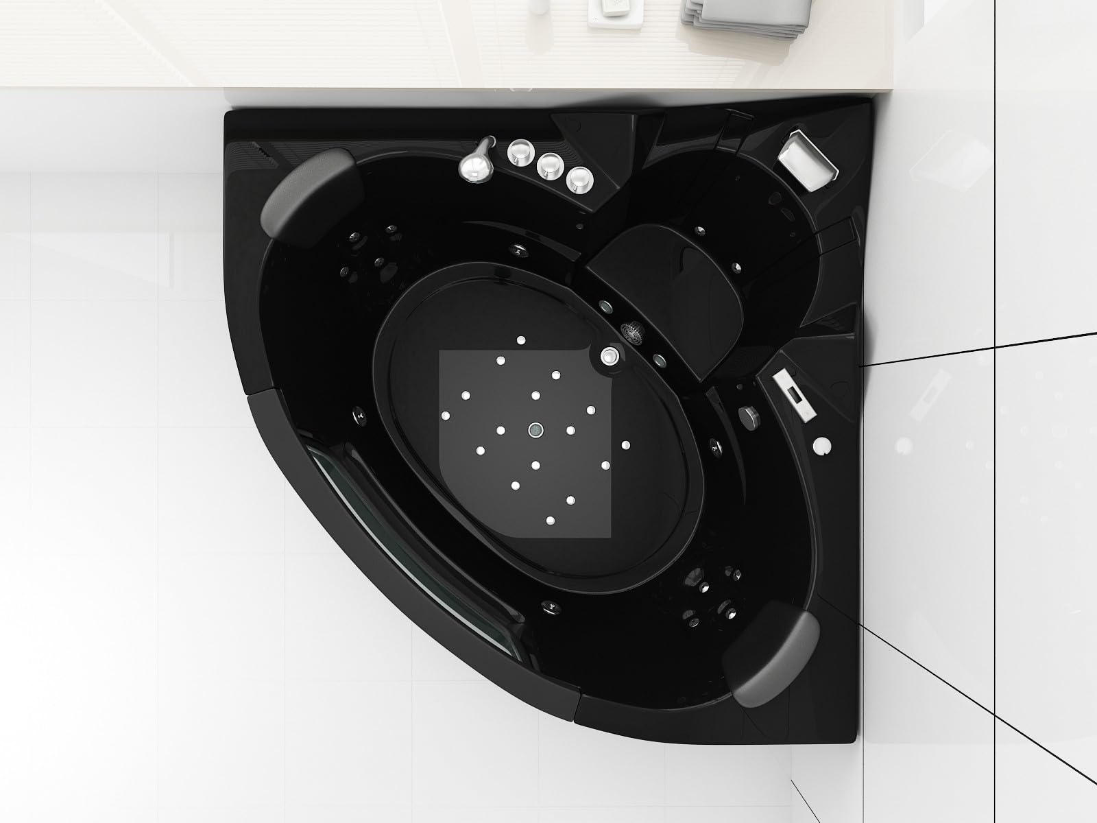 Luxus Whirlpool Milano 152x152 cm Black – beheizbare Badewanne für 2 Personen mit 14 Hydrojets, 16 Airjets, LED-Farblicht, Bluetooth-Soundsystem, Wasserfall, Ozondesinfektion & digitales Bedienfeld