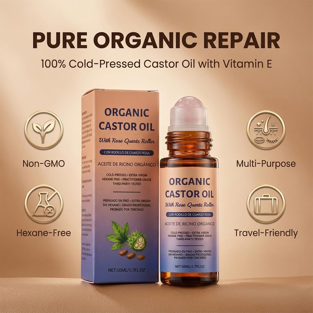 RAINPOT Organic Castor Oil Roll On with Rose Quartz Roller – 100% Cold Pressed Moisturizing Oil for Brows, Lashes, Face, Hairline & Dry Skin – Travel Friendly Leakproof Roller Bottle (1) — view 6